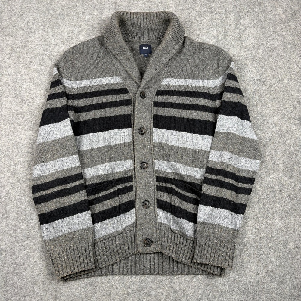 Gap Cardigan Sweater Mens Medium Grey Black Striped Wool Blend Golf Shawl Collar